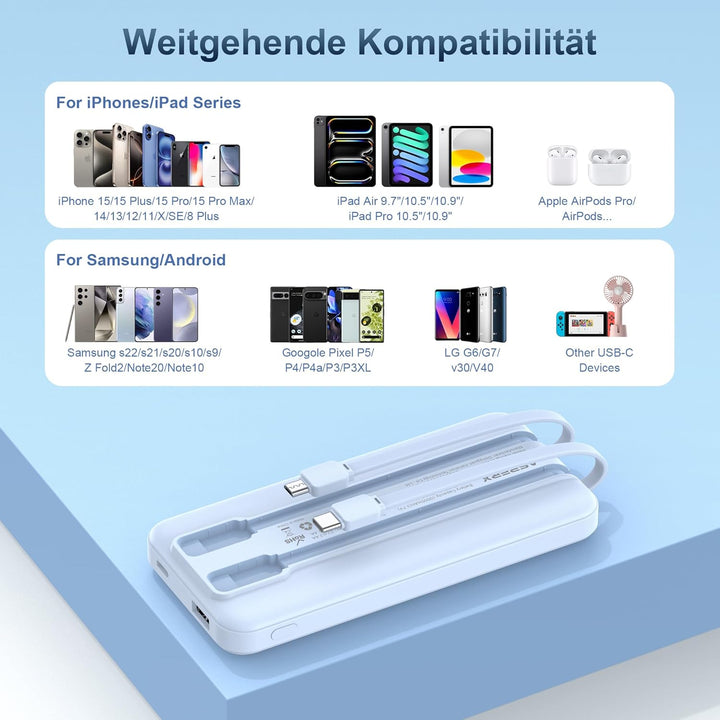 AsperX 2er Powerbank 10000mAh mit USB-C Kabel,4 Ausgängen Schnellladen,Power Bank Klein Aber Stark m