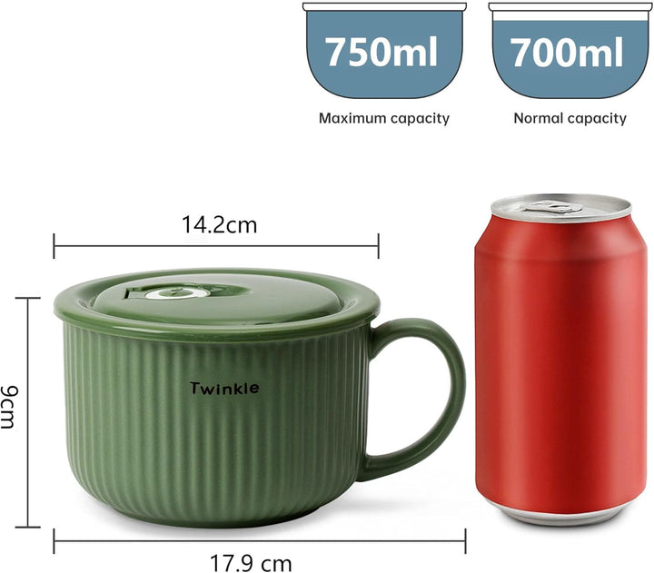 Keramik Suppenschalen mit Griff und Deckel, 750 ml Grosse Suppentasse für Suppe, Instant-Nudel, Müsl