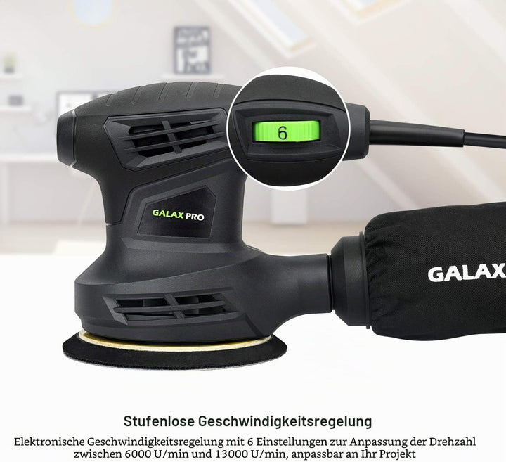 GALAX PRO Rundschleifer, 280 W, 6 Geschwindigkeiten, 6000-13000 U/min, 15 Stück 125 mm, Schleifschei