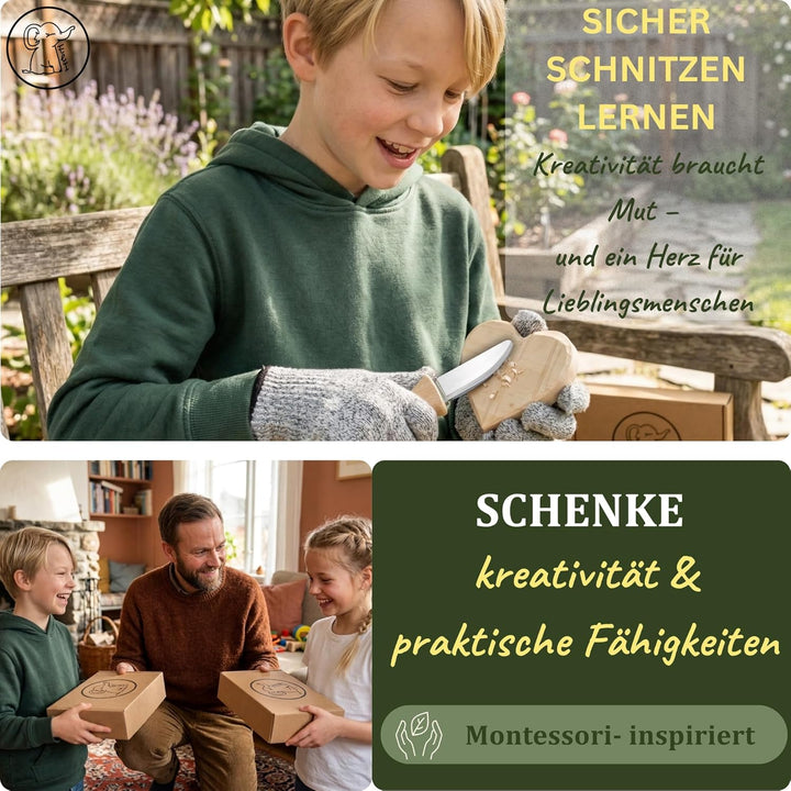 Eli® Schnitzmesser Kinder Set ab 6 Jahre inkl. Schnitzholz und schnittfeste Handschuhe - hochwertige