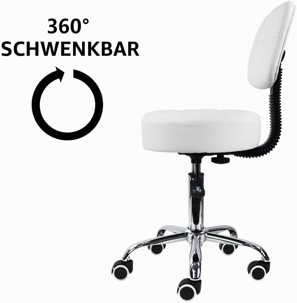 KKTONER Rollhocker Arbeitshocker mit Rückenlehne Höhenverstellbarer 50-64cm PU Leder Weiss, Weiss