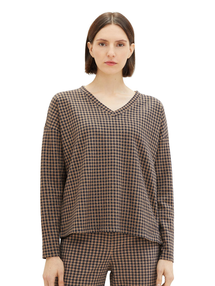 TOM TAILOR Damen Sweatshirt mit Knopfdetail & Karomuster XXS 32409-navy Blush Check Ck, XXS 32409-na