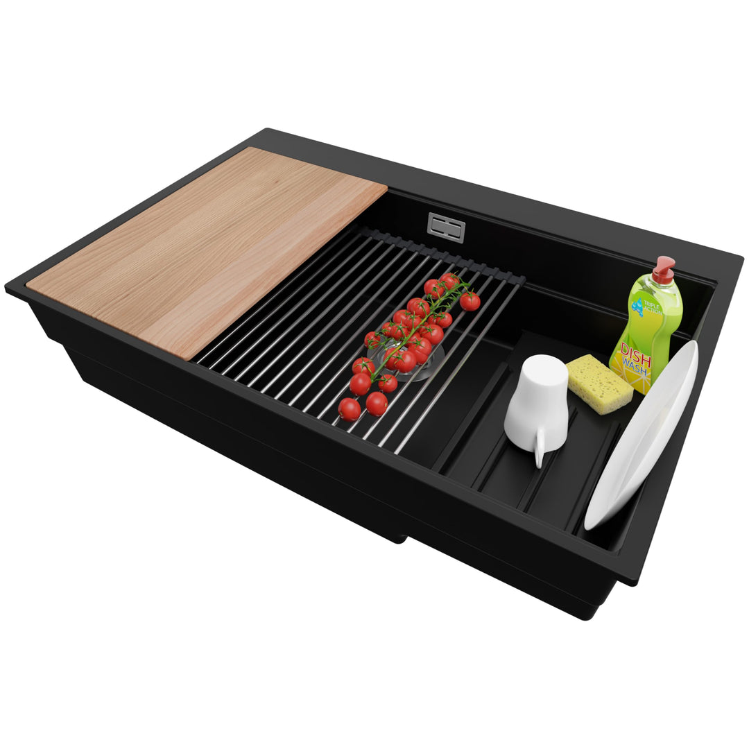 Spülbecken Schwarz 78x53 cm, Granitspüle 1 Becken + Ablauf-Set, Küchenspüle ab 80er Unterschrank, Ei