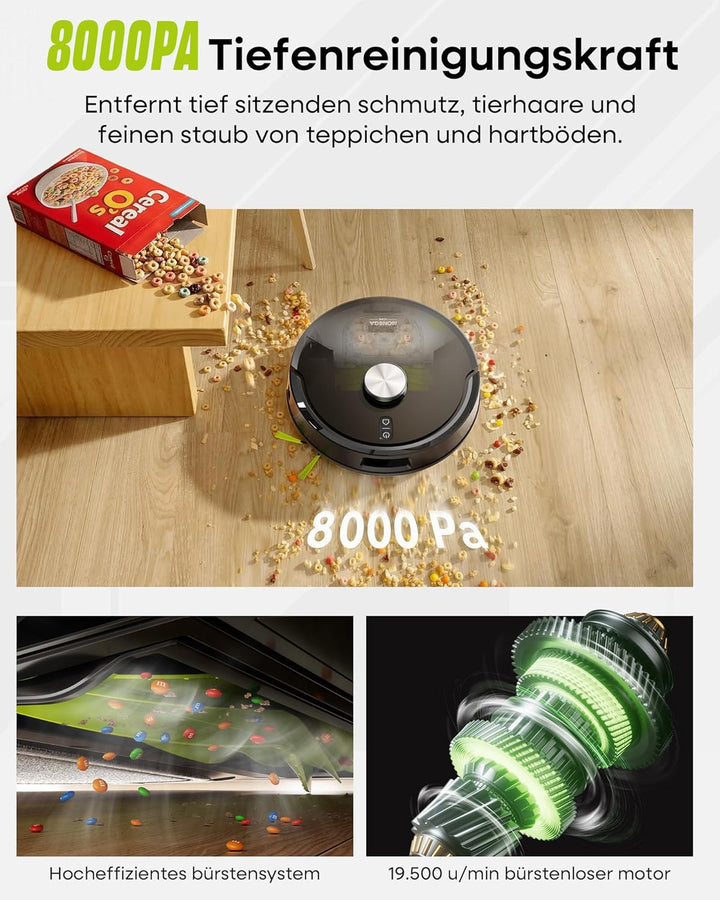 MONSGA Saugroboter mit Wischfunktion 8000PA, Staubsauger Roboter mit Absaugstation 4L, LiDAR Navigat