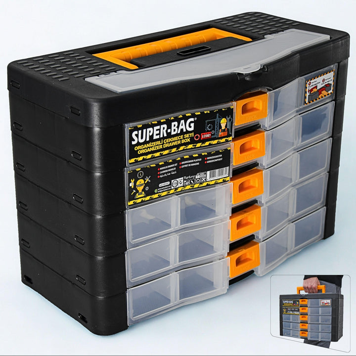 Werkzeugkoffer Kleinteile Organizer 5 Schubladen 390x190x260mm Sortierkasten 26 Innenfächer verstell