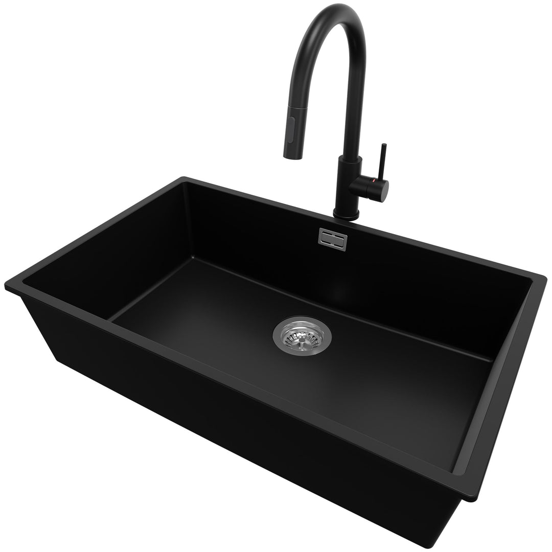PRIMAGRAN Unterbauspüle Granit Schwarz 76x47cm, Spülbecken 1 Becken + Küchenarmatur 40x20cm + Ablauf