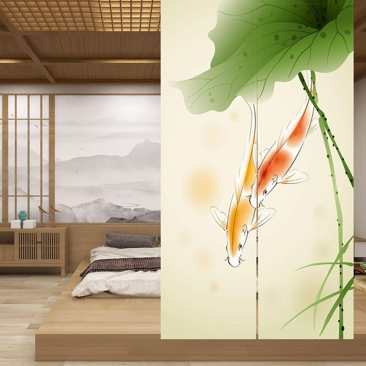 LIGICKY Japanischer Stil dick Leinen Noren Lang Vorhänge Lotus Leaf and Carp Türvorhang Raumteiler T