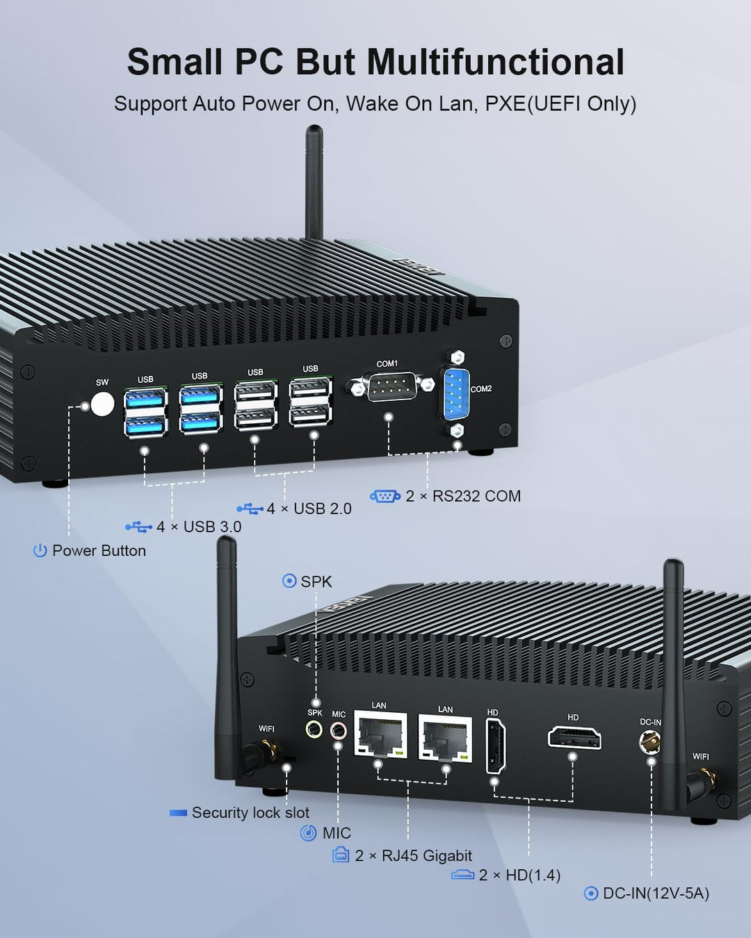 Industrieller Mini-Lüfterlos-PC W 11 Pro, Core i5 1235U, 16GB DDR5 256GB SSD, Dual HD, RJ45 LAN, RS2