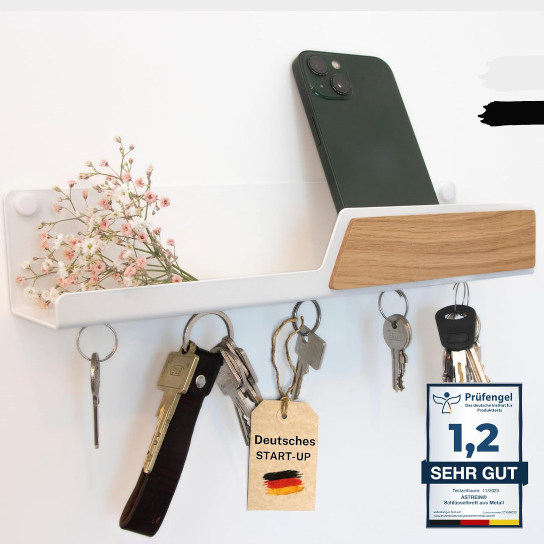 Astrein® | Schlüsselbrett Magnetisch | Schlüsselboard aus Holz | Eiche | Schlüsselhalter mit Ablage