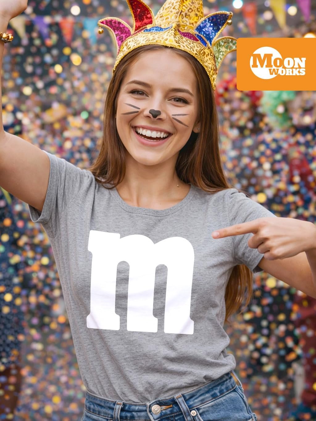 MoonWorks® Damen T-Shirt Gruppen-Kostüm M Aufdruck Kostüm Fasching Karneval Verkleidung Grau-melange