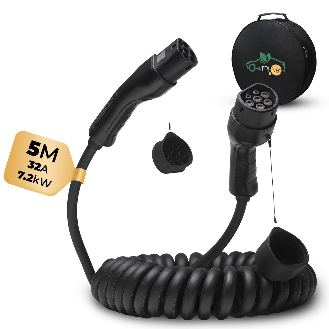 TPFNet Typ 2 Spiral Ladekabel 5m für Elektroauto PHEV Hybrid 7,2kW 32A E-Auto Ladekabel 1 phasig 5 M