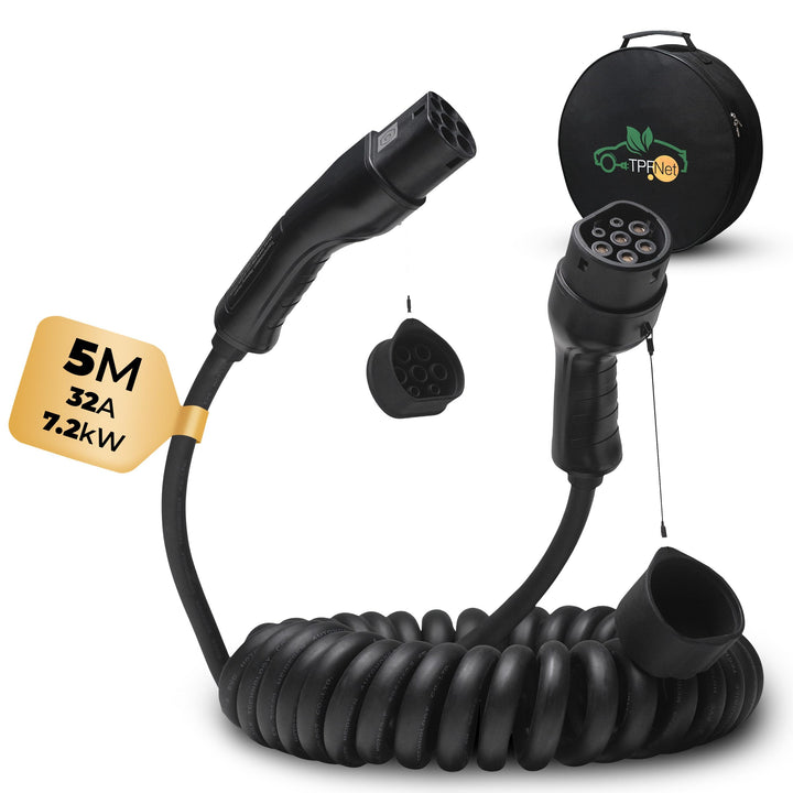 TPFNet Typ 2 Spiral Ladekabel 5m für Elektroauto PHEV Hybrid 7,2kW 32A E-Auto Ladekabel 1 phasig 5 M
