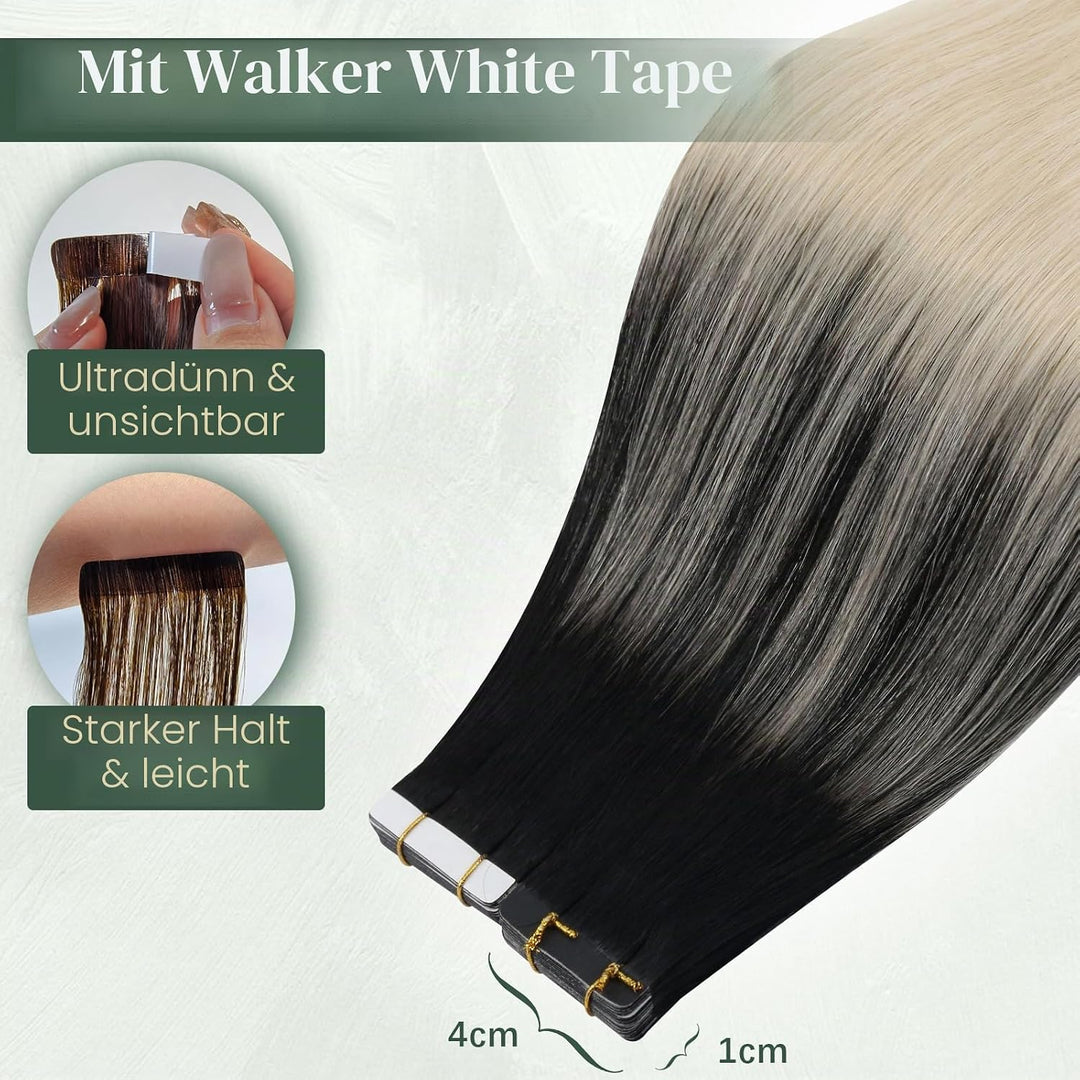 Ugeat Tape Extensions Echthaar Platinblond Ombre 40 cm Ombre Echthaar Extensions Tape Naturschwarz O