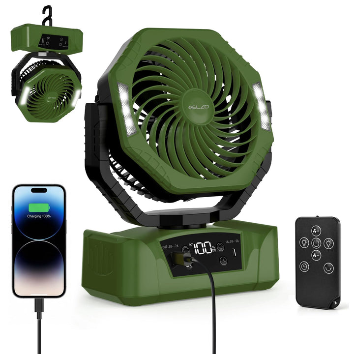 ELZO 20000mAh Camping Ventilator, Wiederaufladbarer Tischventilator USB Ventilator mit LED Licht & H