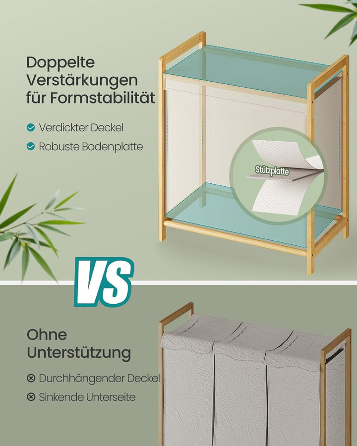 SONGMICS Wäschekorb 3 Fächer, Wäschesammler mit Bambusrahmen, verstärkter und abnehmbarer Deckel, Wä
