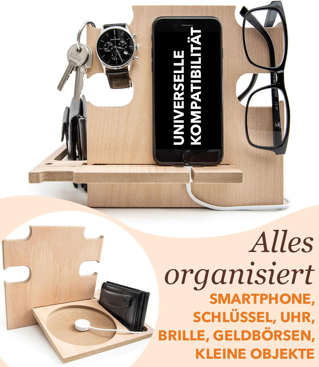 Dockingstation, Smartphone-Ständer - Nachttischhalter aus Holz, Natural Farbe