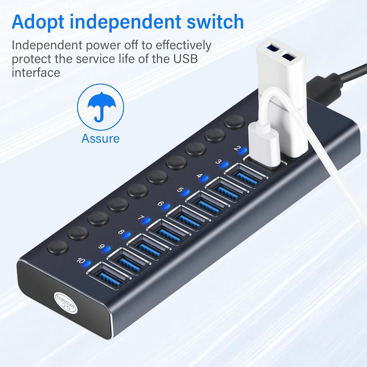 Aktiver 3.0 USB Hub mit 72W (24V/3A) Netzteil, 10 Aluminium Ports USB 3.0 Hub zum Laden und Hochgesc