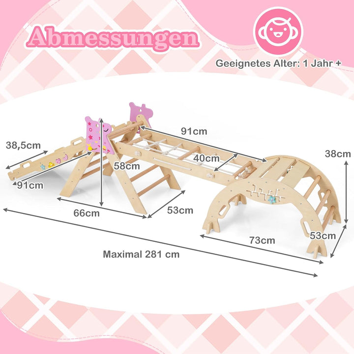 COSTWAY Klettergerüst Indoor 4er Set, klappabres Kletterdreieck mit Rutsche, Kletterbogen, Netz, ink