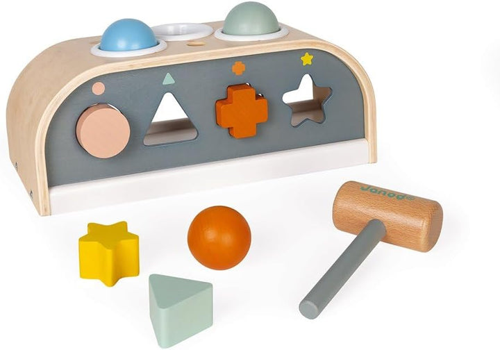Janod - Tap Tap Sweet Cocoon - Klopfspiel mit Formensortierer und Steckspiel - 3-in-1 Holzspielzeug