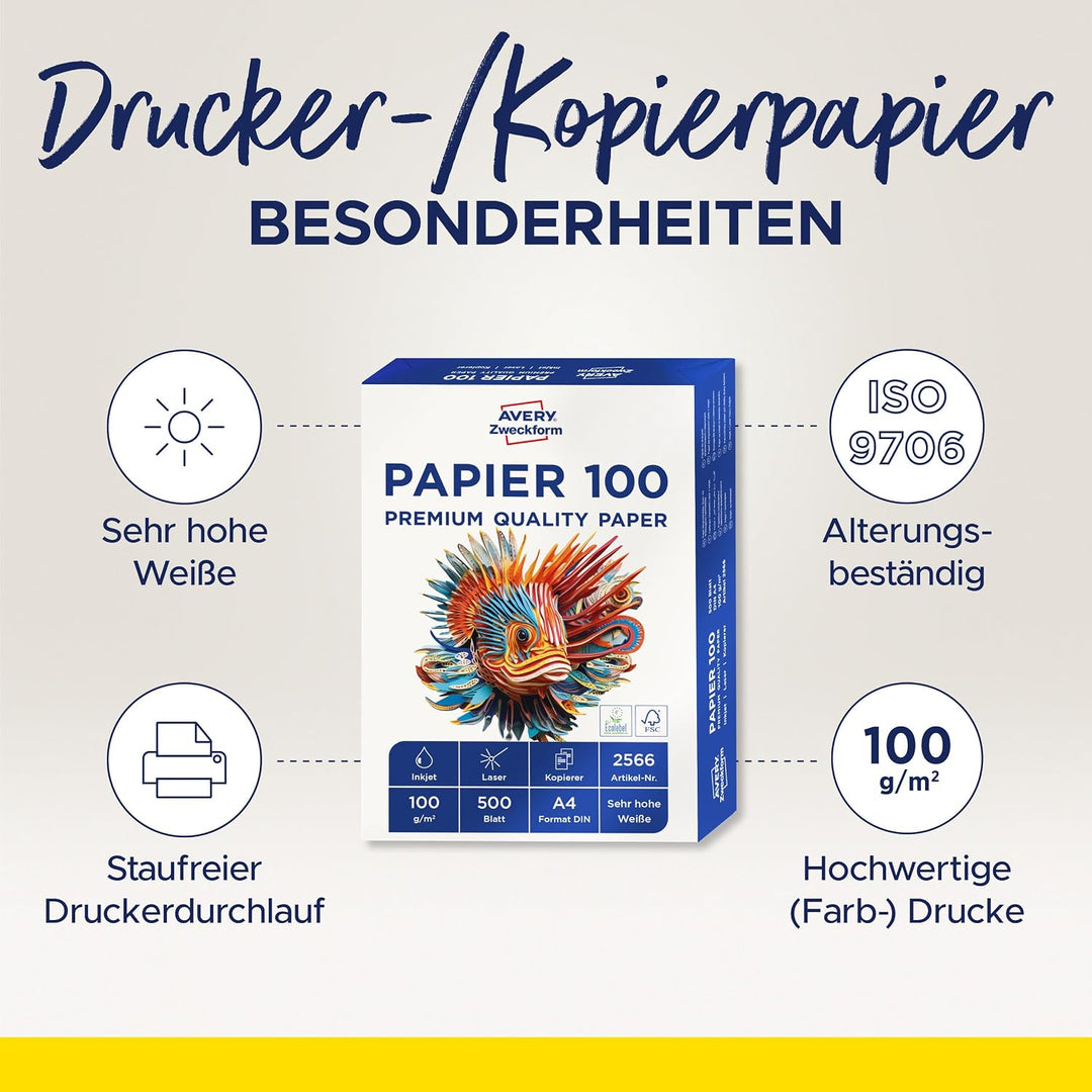 AVERY Zweckform 2566 Drucker-/Kopierpapier (500 Blatt, 100 g/m², DIN A4 Papier, hochweiss, für alle