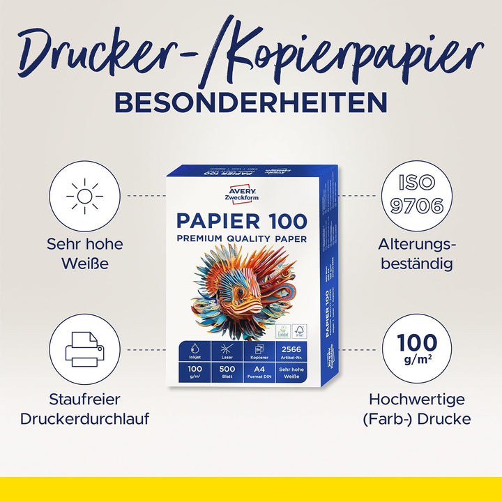 AVERY Zweckform 2566 Drucker-/Kopierpapier (500 Blatt, 100 g/m², DIN A4 Papier, hochweiss, für alle