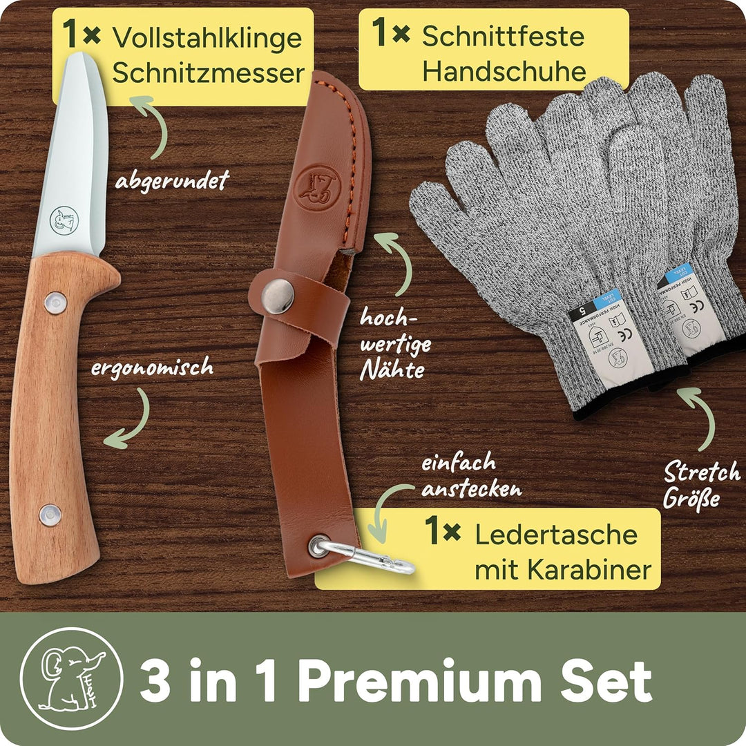 Eli® Schnitzmesser für Kinder mit Ledertasche ab 8 Jahre - hochwertiges Kindermesser Schnitzset inkl