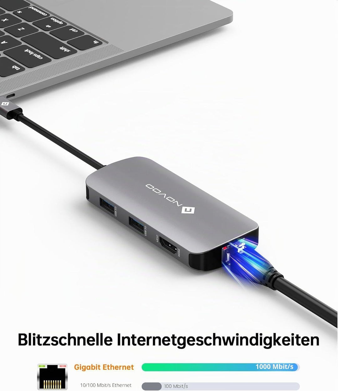 NOVOO Mulitport Adapter USB C auf Ethernet, 7 in 1 Hub USB C auf HDMI 4K, 100 W PD Ladeanschluss, US