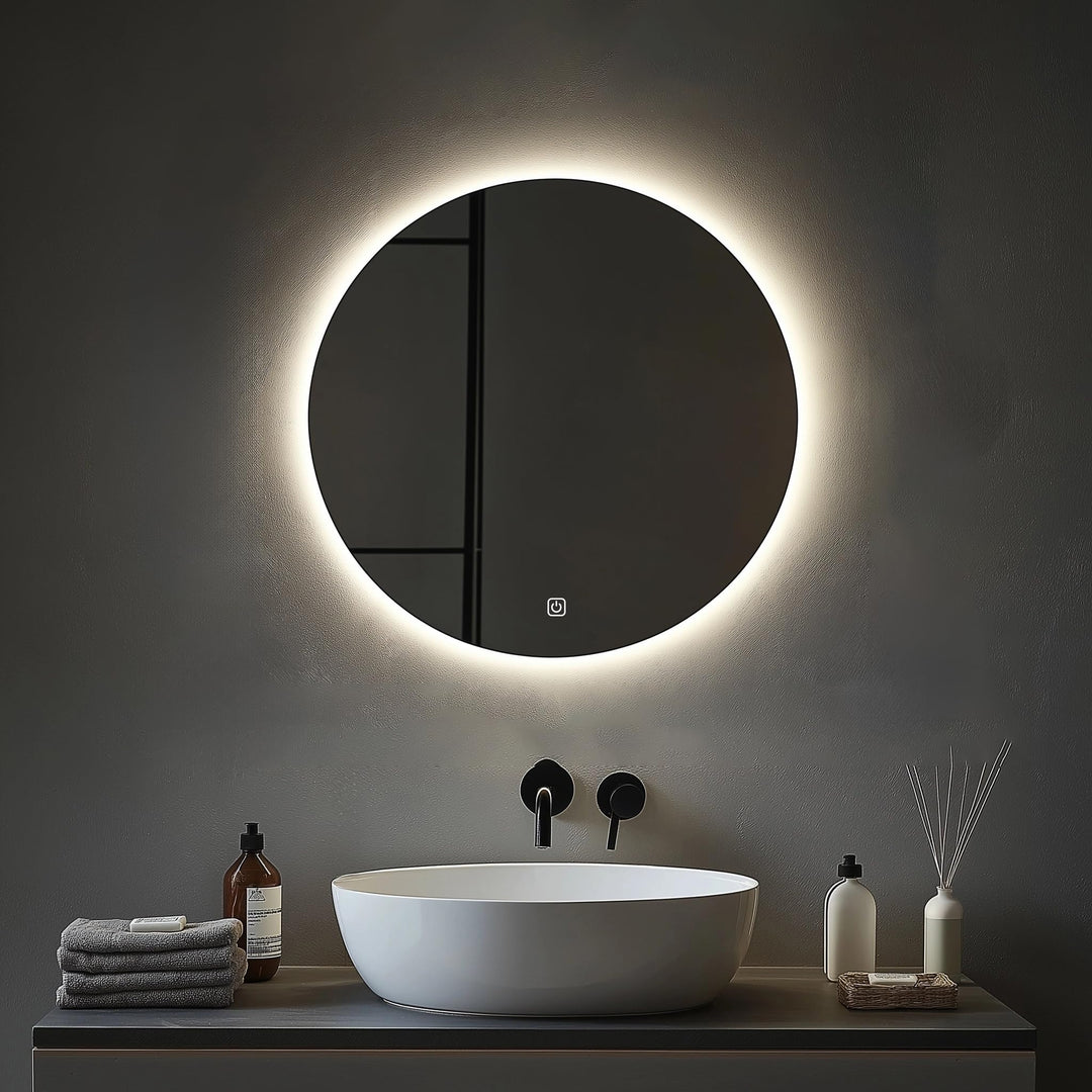 Rund Badezimmer Wandspiegel, Badspiegel Mit Beleuchtung, 60cm Spiegel mit LED Licht, Touch Schalter