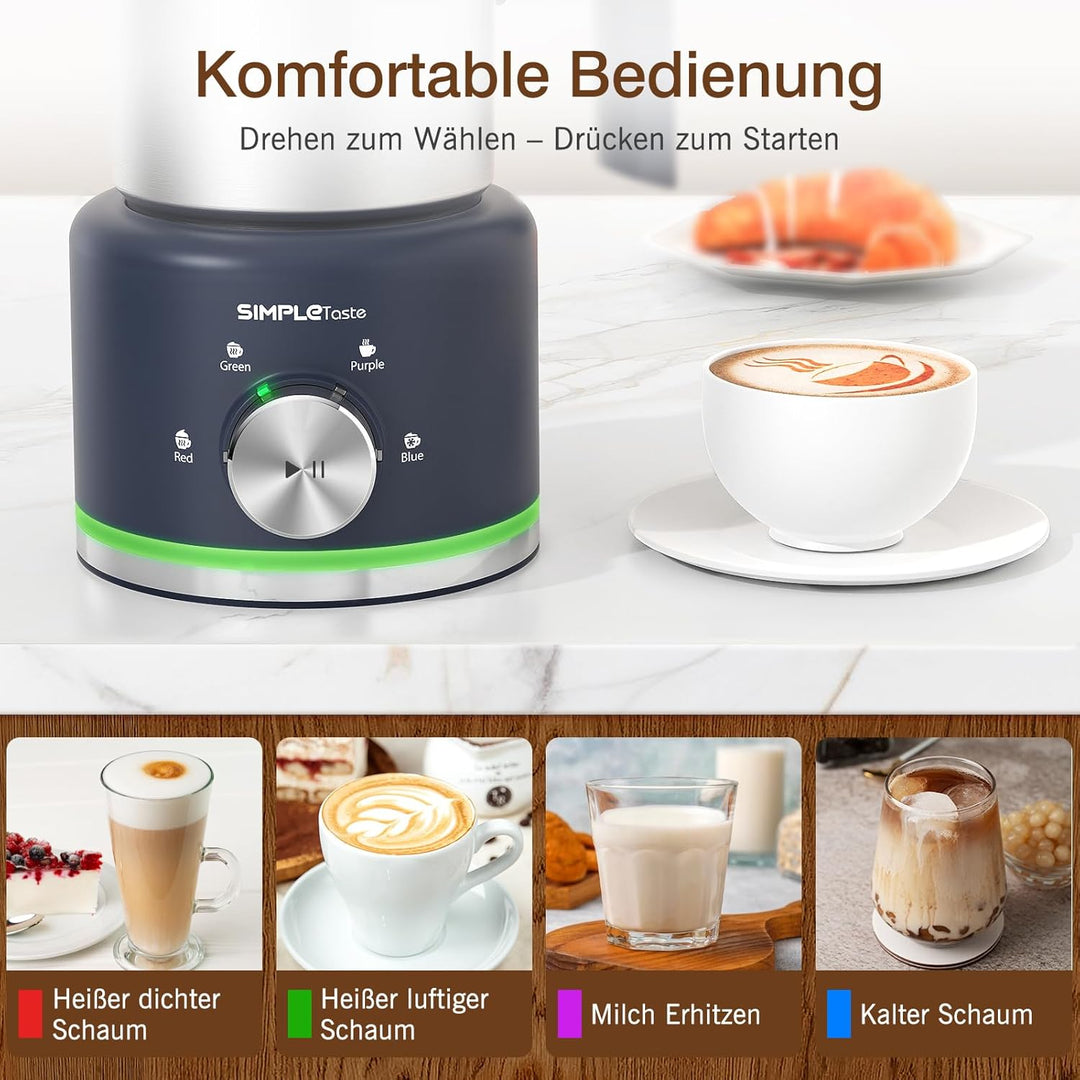 SIMPLETASTE Milchaufschäumer Elektrisch 4-in-1, 250-500 ML Heisser & kalter Milchschaum， 600 W Spülm