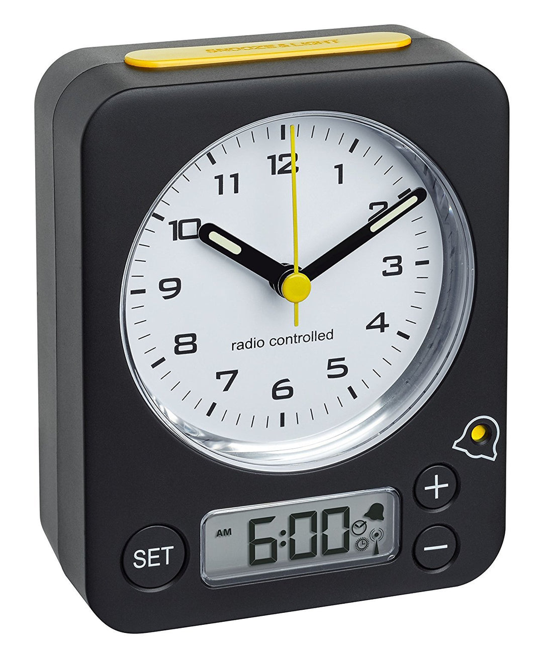 TFA-Dostmann Funk-Wecker Combo TFA 60.1511 Reisewecker Analogwecker (schwarz-gelb mit Batterien)