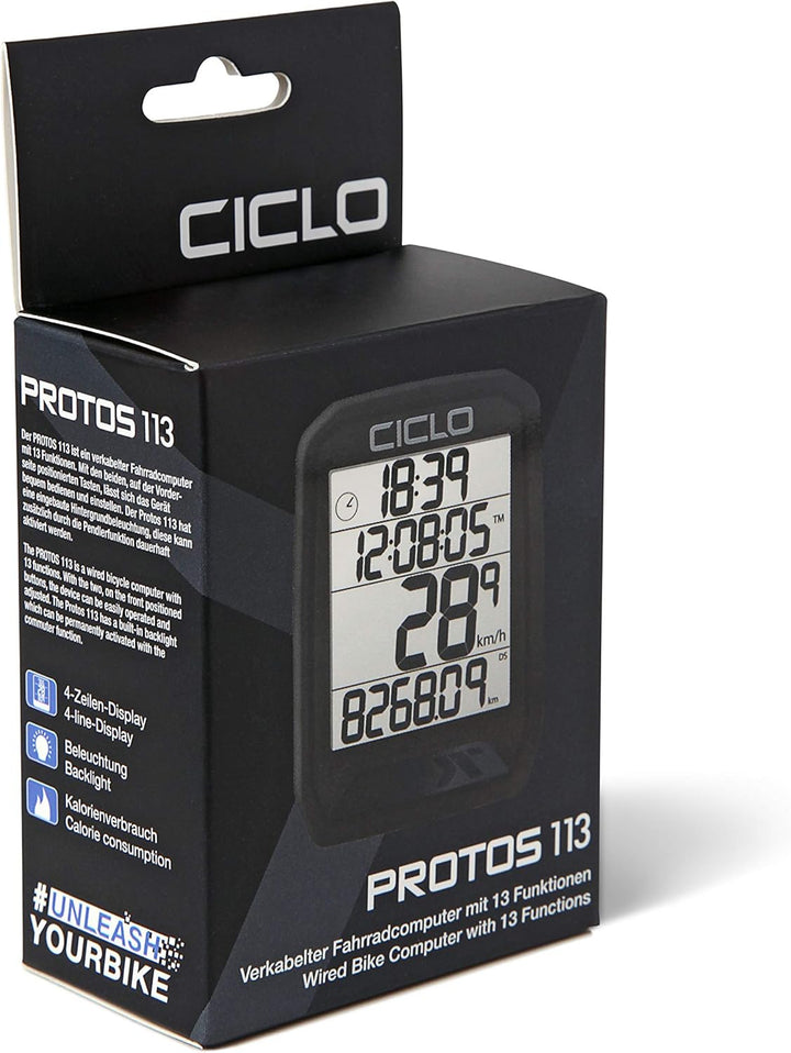 CICLO PROTOS 113 verkabelter Fahrradcomputer, mit 13 Funktionen in schwarz, in schwarz