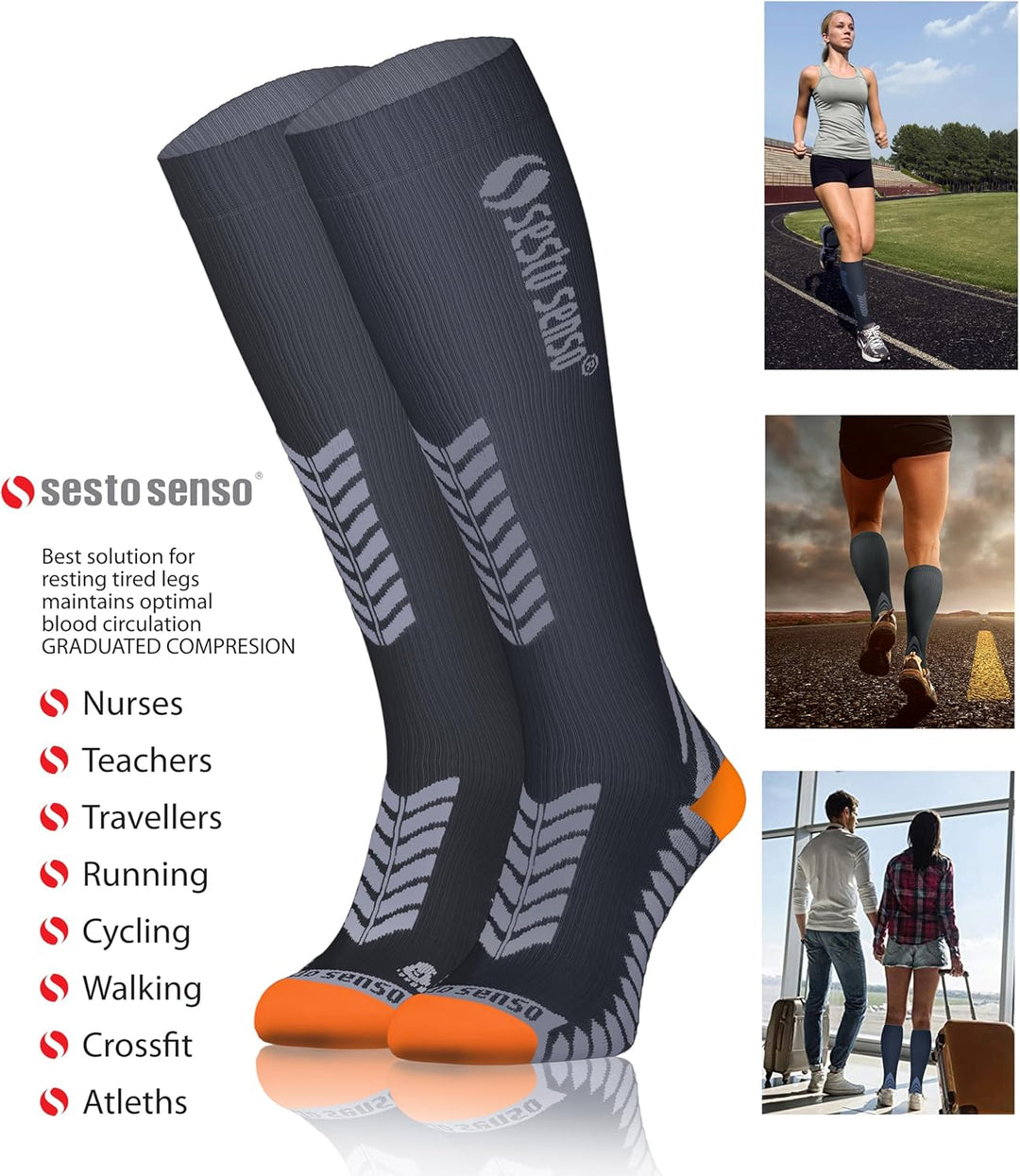 Sesto Senso 3 Paar Kompressionsstrümpfe Sport Damen Herren Unisex Bunt Hohe Sportsocken Laufsocken 3