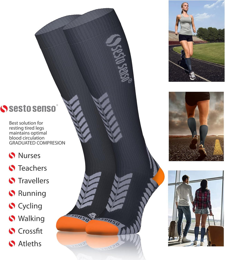 Sesto Senso 3 Paar Kompressionsstrümpfe Sport Damen Herren Unisex Bunt Hohe Sportsocken Laufsocken 3