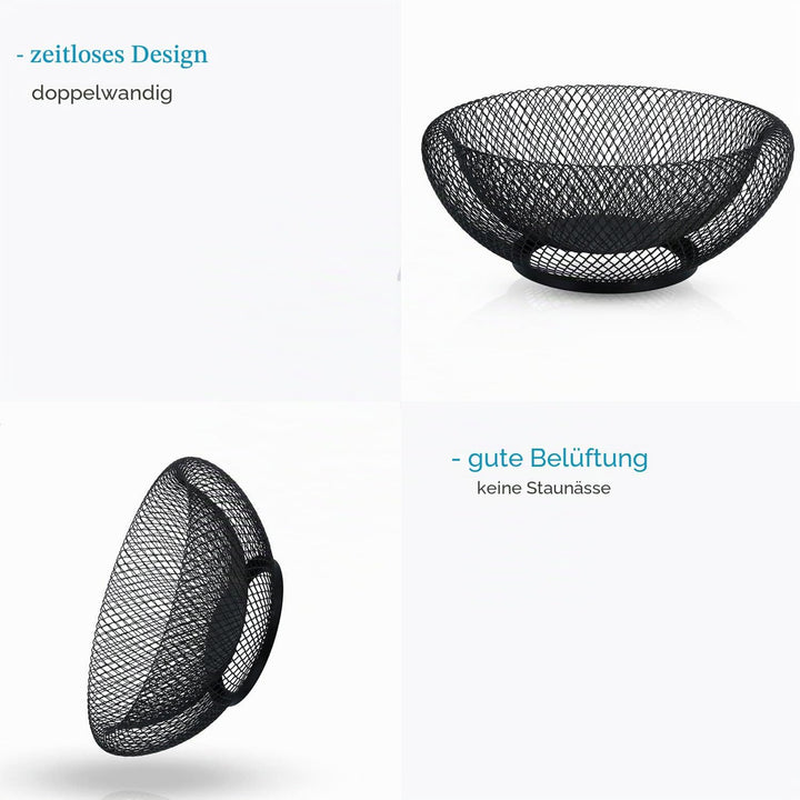 Obstkorb aus Metall in Schwarz rund 25 x 9.8 cm – Moderne doppelwandige Obstschale, Mesh Design Deko