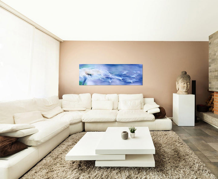 Paul Sinus Art Panoramabild auf Leinwand und Keilrahmen 150x50cm Pusteblume Löwenzahn Windstoss Blau