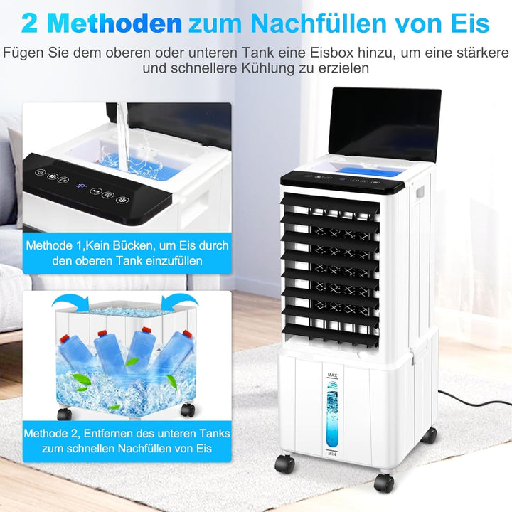 Klimagerät ohne Abluftschlauch, 14L 60W Klimaanlage Mobil mit 12H Timer, 3 Modus, 40dB, 120°Oszillat