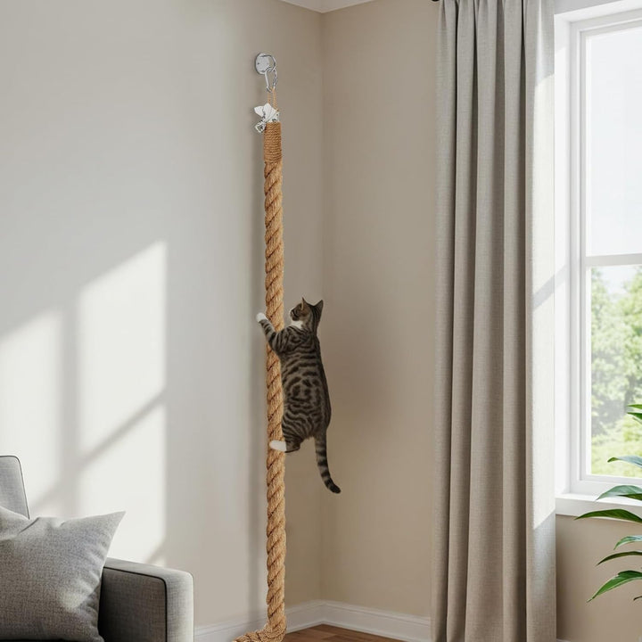 Premium Katzen-Kletterseil aus Jute | 2,05 m Länge & 4 cm Durchmesser | Deckenmontage mit Haken für