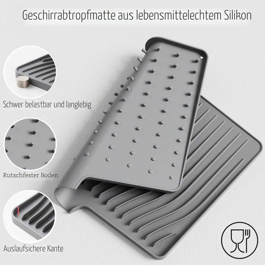 Premium Silikon Geschirr-Trockenmatte mit Gefälle-Design – Rutschfest, Hitzebeständig (bis 230°C), S