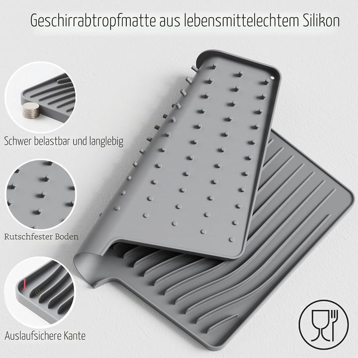 Premium Silikon Geschirr-Trockenmatte mit Gefälle-Design – Rutschfest, Hitzebeständig (bis 230°C), S