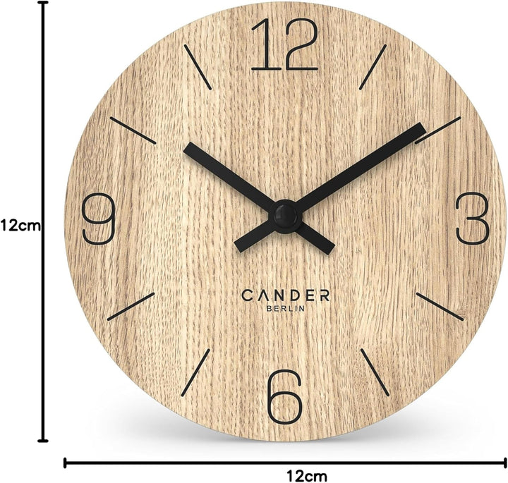 Cander Berlin MNU 2712 D Tischuhr 12 cm batteriebetrieben Holzfurnier Eiche ohne Ticken Vintage anal