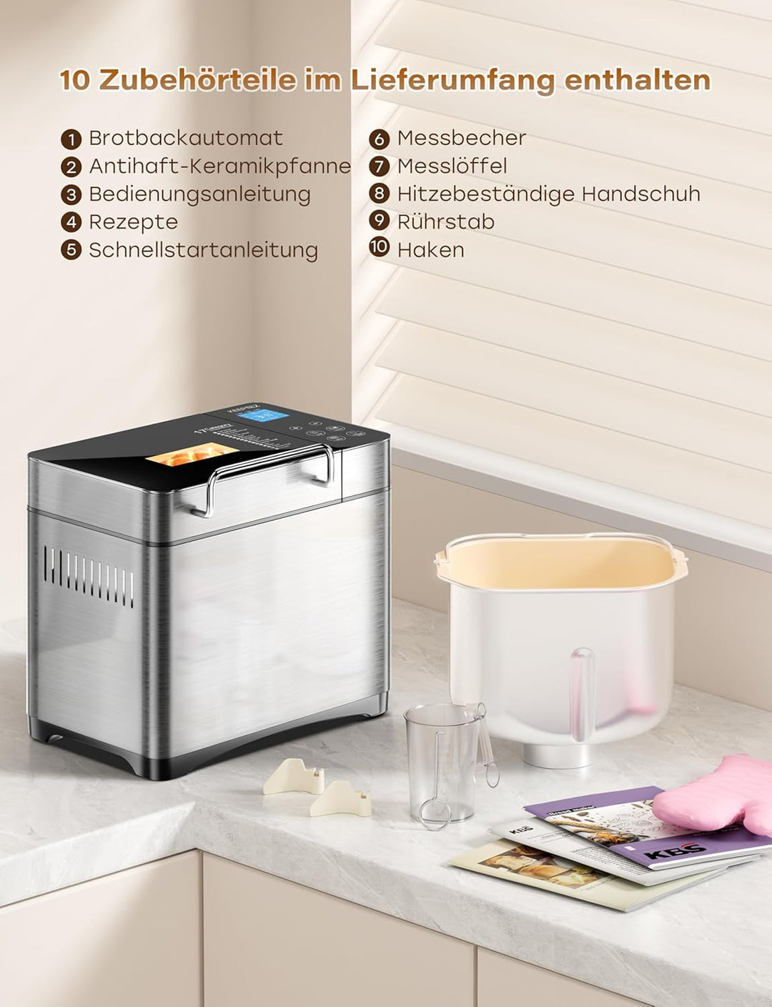 Edelstahl Brotbackautomat, 2LB 17-in-1-Brotbackautomaten mit Obst- und Nussbehälter, antihaftbeschic