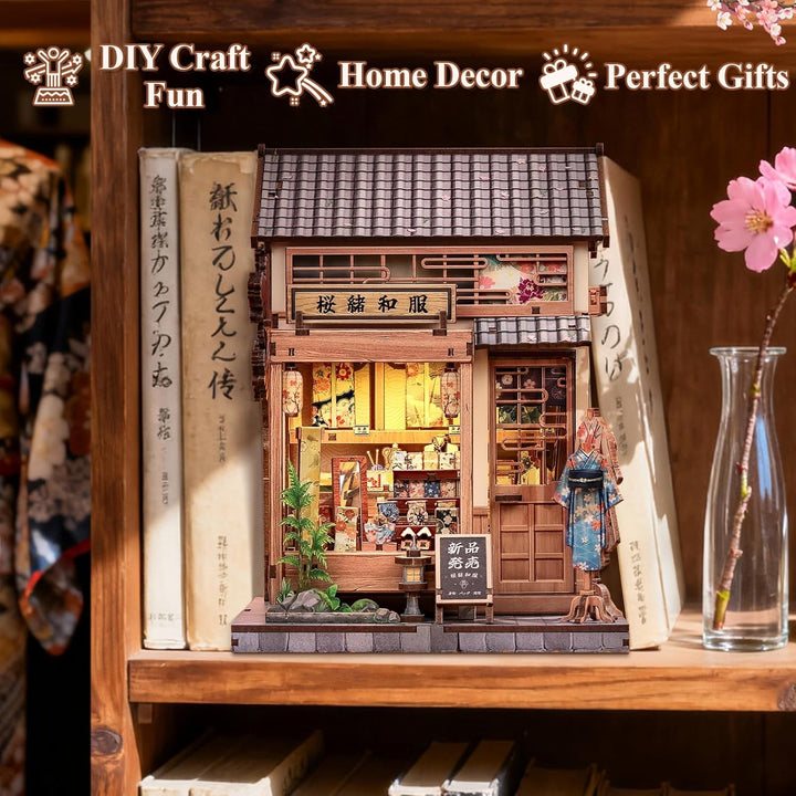 CUTEBEE Japanese Sakura Kimono Book Nook Kit - DIY Puppenhaus 3D Holzpuzzle Erwachsene, Miniatur Hau