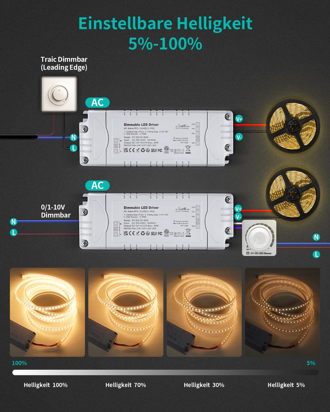 REYLAX LED Trafo 12V Dimmbar, TRIAC Dimmbar Netzteil 12V 80W 6.66A, Trafo 230V auf 12V DC LED Treibe