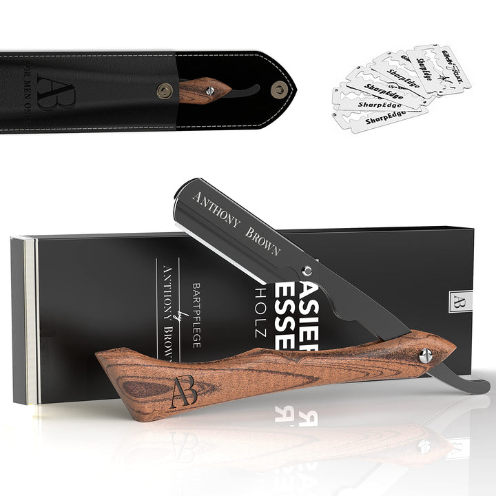 Anthony Brown® Rasiermesser Holz in Schwarz oder Silber - einzigartiger Klingenkopf für mehr Präzisi