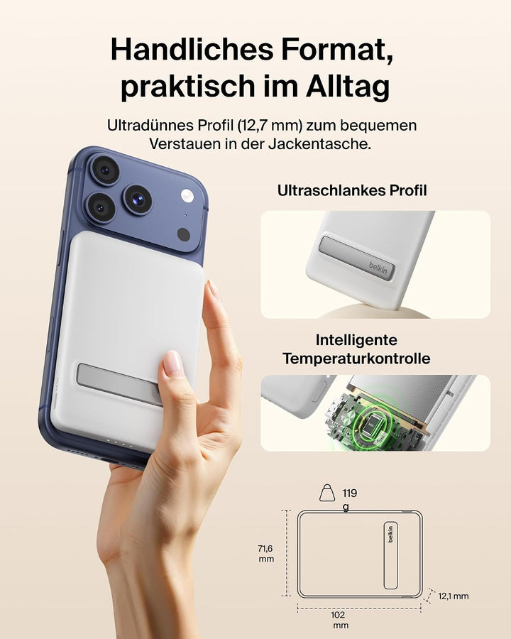 Belkin BoostCharge 5000mAh Magnetische Power Bank mit Ständer – Weiss | 5K Qi2 Kabelloses Ladegerät,