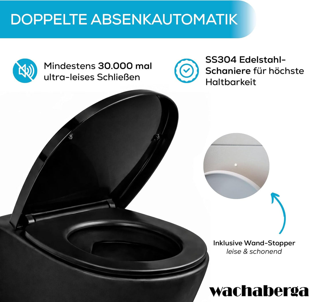 Toilettendeckel schwarz mit Absenkautomatik, WC Sitz Oval Duroplast mit Softclose, stabilen Edelstah