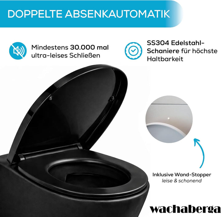 Toilettendeckel schwarz mit Absenkautomatik, WC Sitz Oval Duroplast mit Softclose, stabilen Edelstah