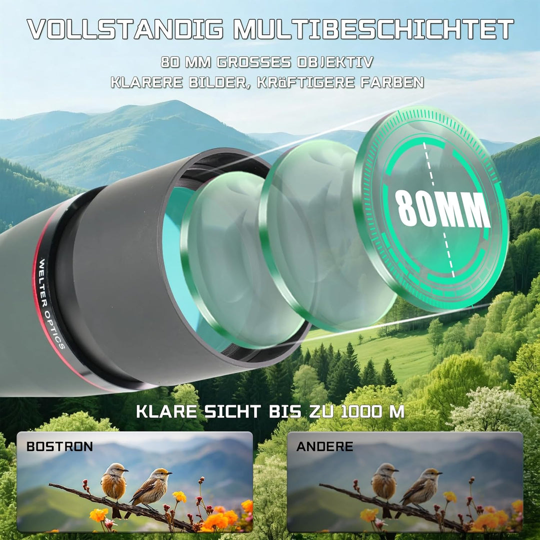 20-60 x 80 mm Spektiv mit Stativ, Porro Prisma FMC Objektiv -Low Light Vision mit Handy Adapter Trag