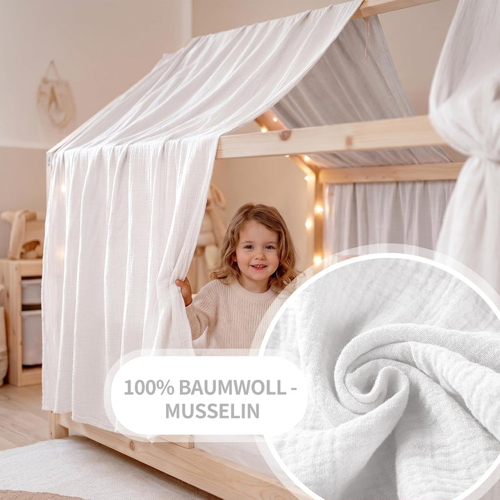 iLuane Hausbett Himmel Deko - 3PCS Betthimmel Hausbett Set, 100% Baumwolle Musselin Vorhang - Hausbe