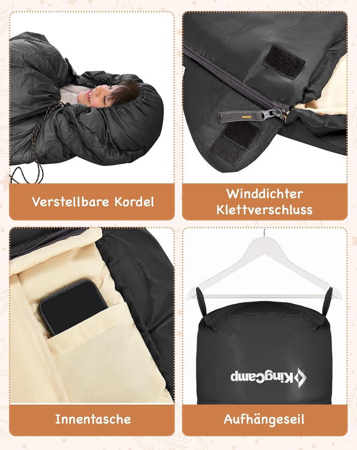 KingCamp Schlafsack Mumienschlafsäcke mit Kapuze 3-4 Jahreszeiten Warmer für Kinder & Erwachsenen be